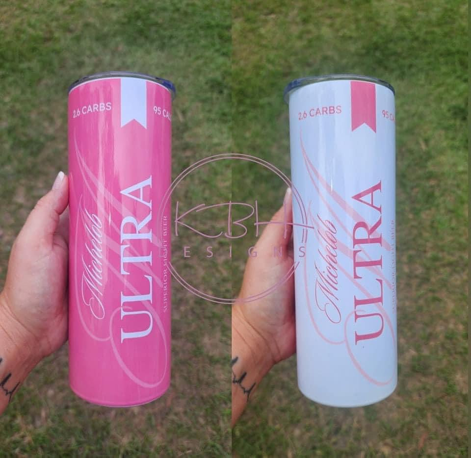 Pink Michelob Light (tumbler is pink on one side and white on the other)